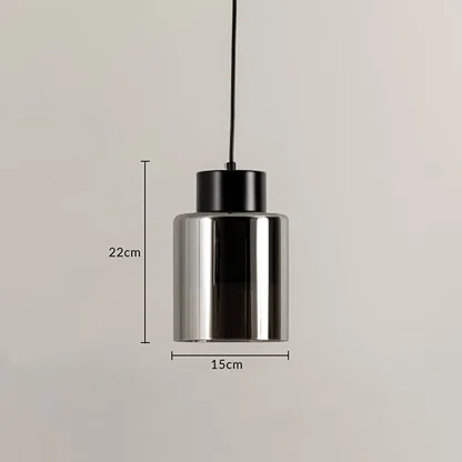 Black metal and chrome finish pendant light dimension image with 15 cm width and 22 cm height for modern bedside placement.