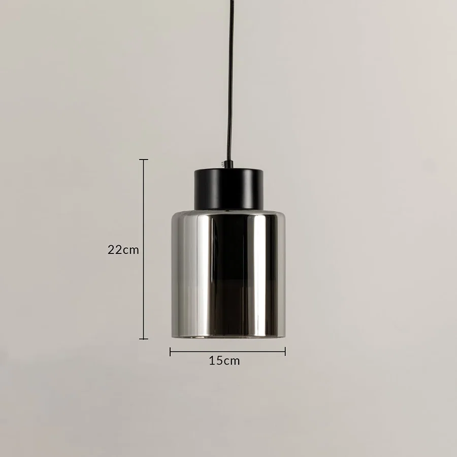 Black metal and chrome finish pendant light dimension image with 15 cm width and 22 cm height for modern bedside placement.