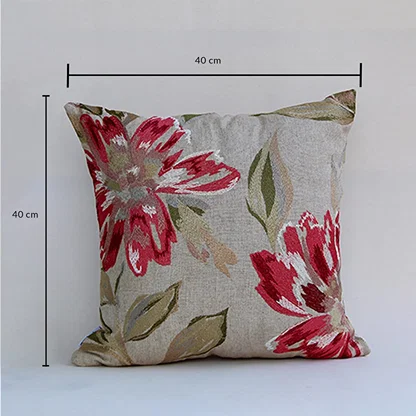 Dimensions image of floral cushion cover showing width 40 cm height 40 cm square shape suitable for sofa chair and bed styling.