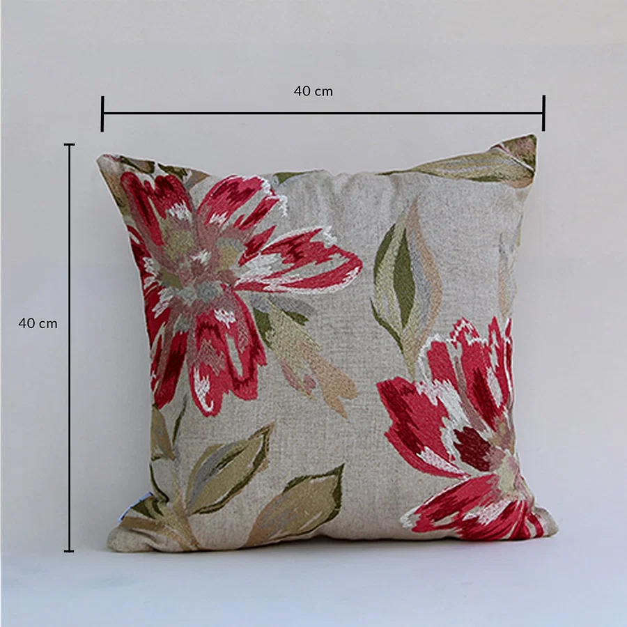 Dimensions image of floral cushion cover showing width 40 cm height 40 cm square shape suitable for sofa chair and bed styling.