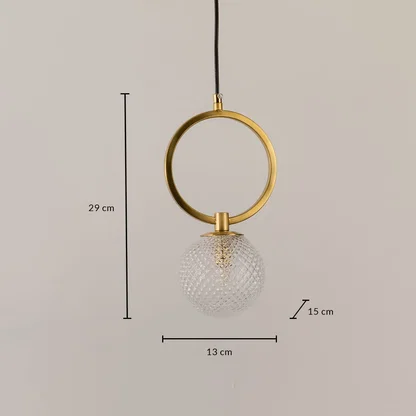 Gold metal ring pendant light dimension image with 13 cm width and 29 cm height for modern bedside placement.
