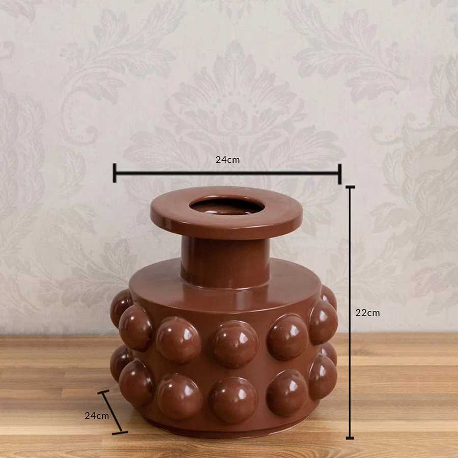 A brown textured vase displayed with dimensions showing 24 cm width 22 cm height and 24 cm depth offering a clear view of its full size.
