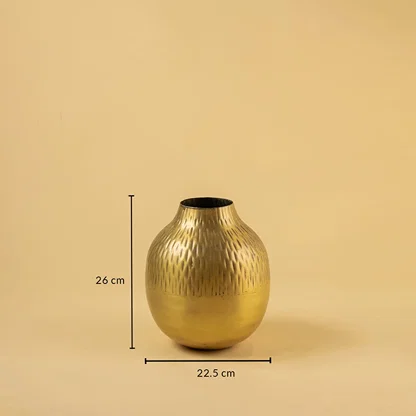 Gold hammered metal vase decor with 26 cm height and 22.5 cm width ideal for shelves tables and warm contemporary styling.