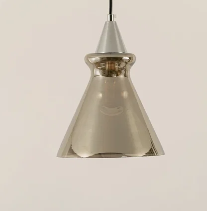Silver metal pendant light with cone shape design perfect for modern kitchen island or dining area decor on clean background.