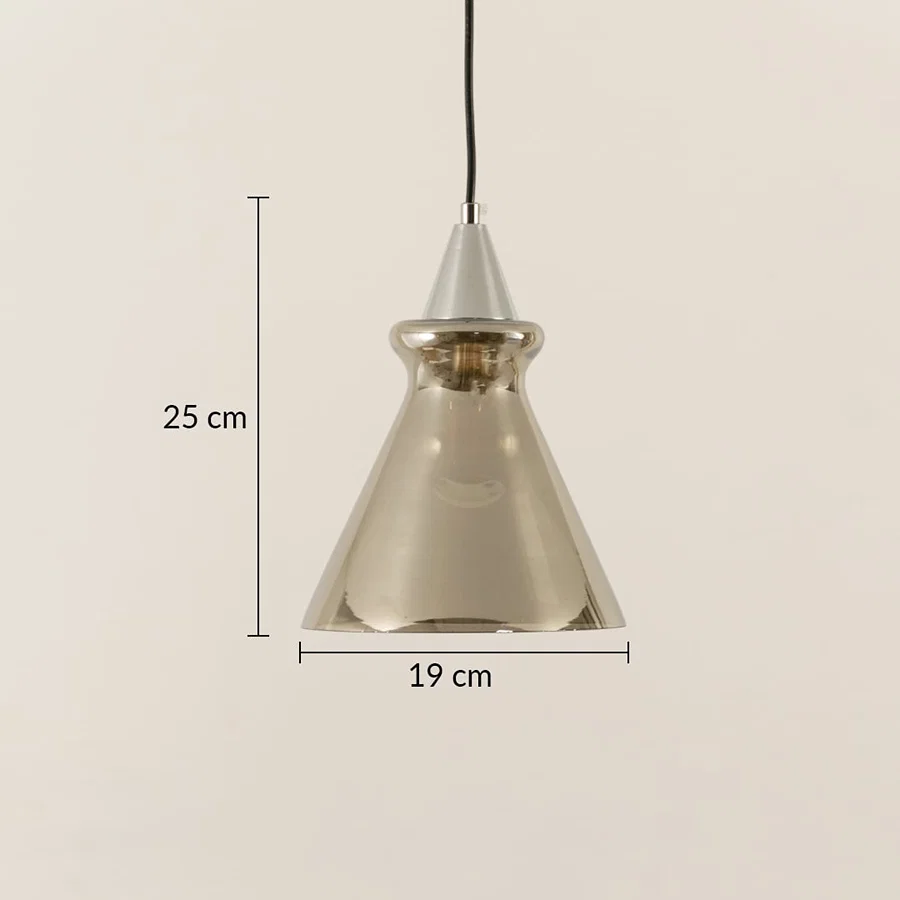 Silver chrome metal pendant light dimension image with 19 cm width and 25 cm height for contemporary bedside placement.