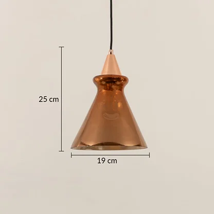 Copper finish metal pendant light dimension image with 19 cm width and 25 cm height for modern bedside placement.
