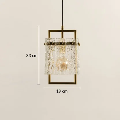 Crystal glass and gold metal wall light dimension image with 19 cm width and 33 cm height for luxury bedside placement.