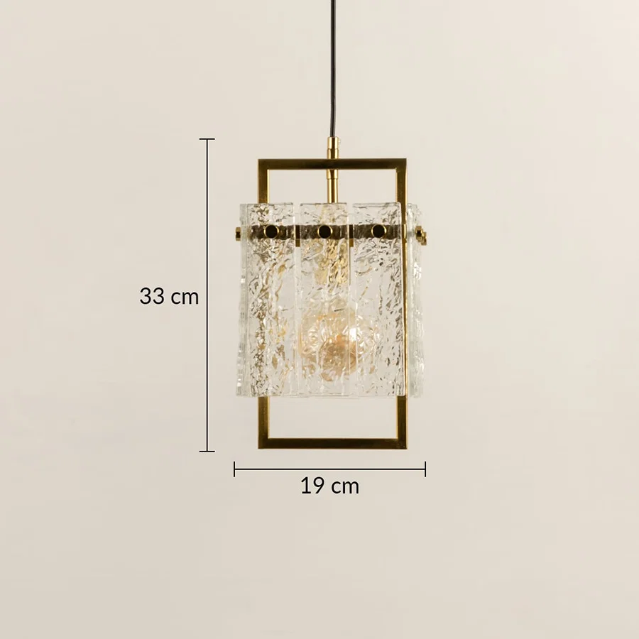 Crystal glass and gold metal wall light dimension image with 19 cm width and 33 cm height for luxury bedside placement.