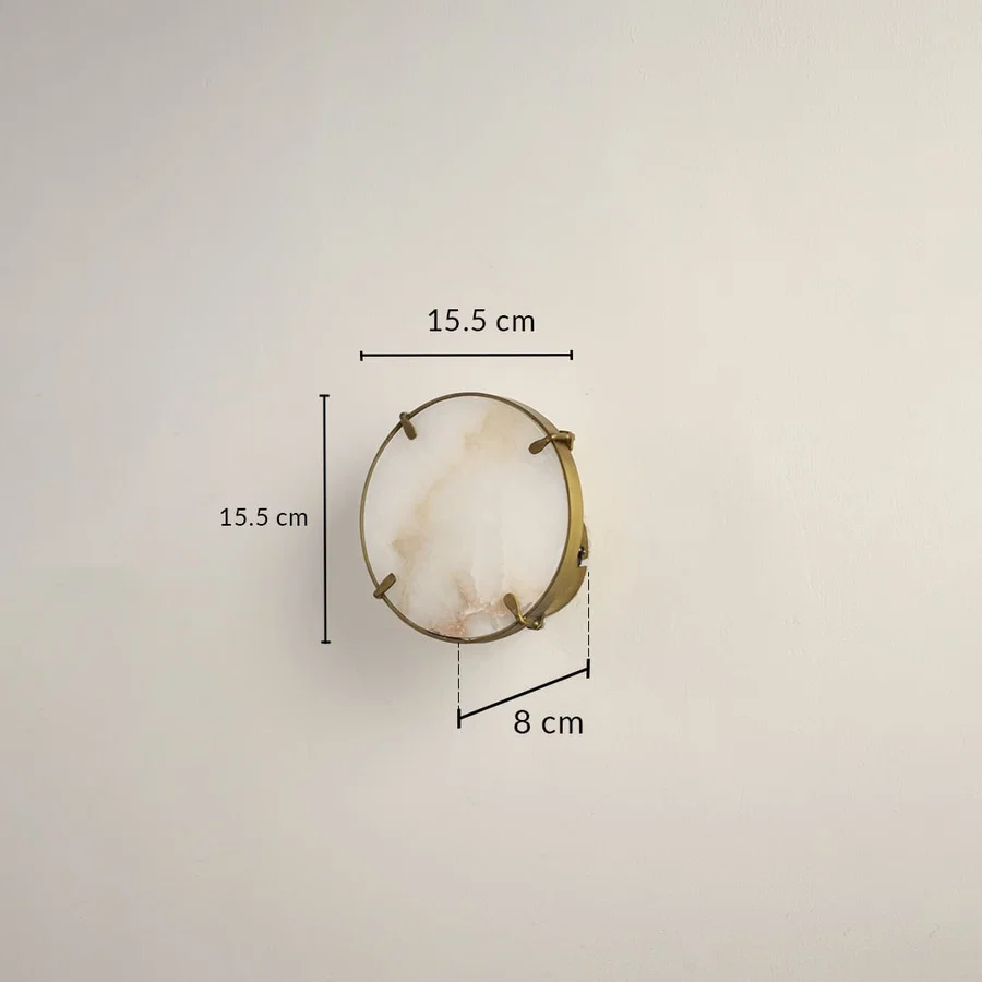 Marble gold wall light with 15.5 cm height 15.5 cm width and 8 cm depth for modern decor spaces.

