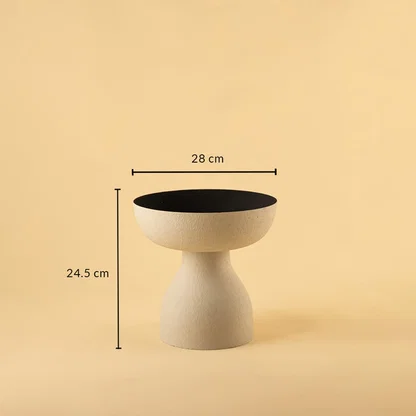Grey textured pedestal vase bowl shown with 28 cm width and 24.5 cm height offering a clear accurate size reference.