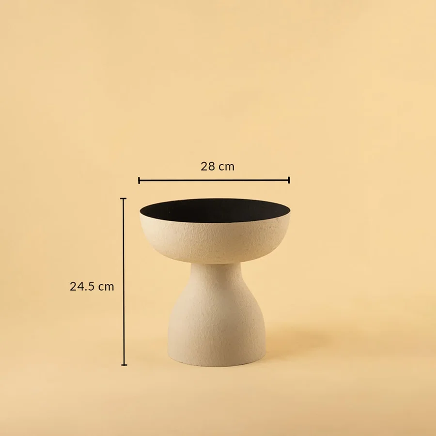 Grey textured pedestal vase bowl shown with 28 cm width and 24.5 cm height offering a clear accurate size reference.