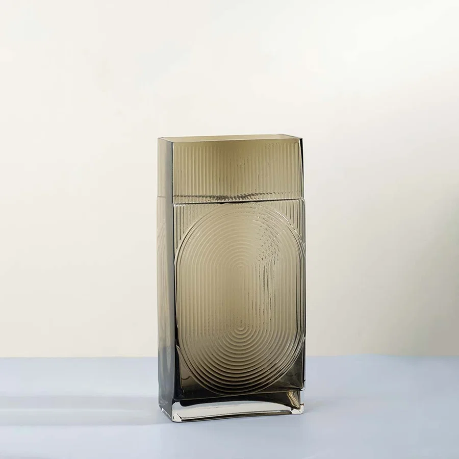 Smoke grey glass decorative vase with modern rectangular silhouette for tabletop styling and contemporary home decor.