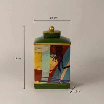 Abstract design jar measuring 25 cm in height and 15 cm in width featuring artistic multicolor prints.