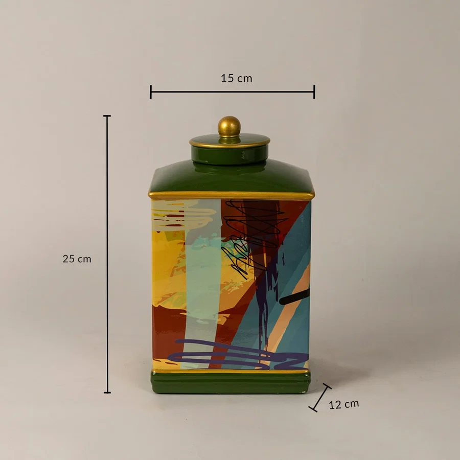 Abstract design jar measuring 25 cm in height and 15 cm in width featuring artistic multicolor prints.