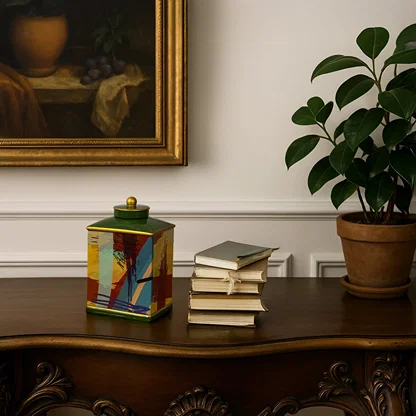 Abstract design jar displayed on a wooden console table adding modern artistic elegance to luxury home decor.