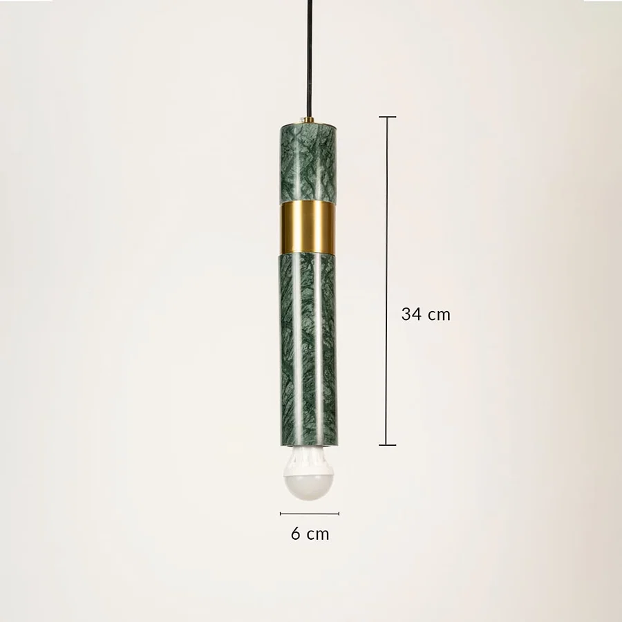 Green marble and brass pendant light dimension image with 6 cm width and 34 cm height for bedside placement.