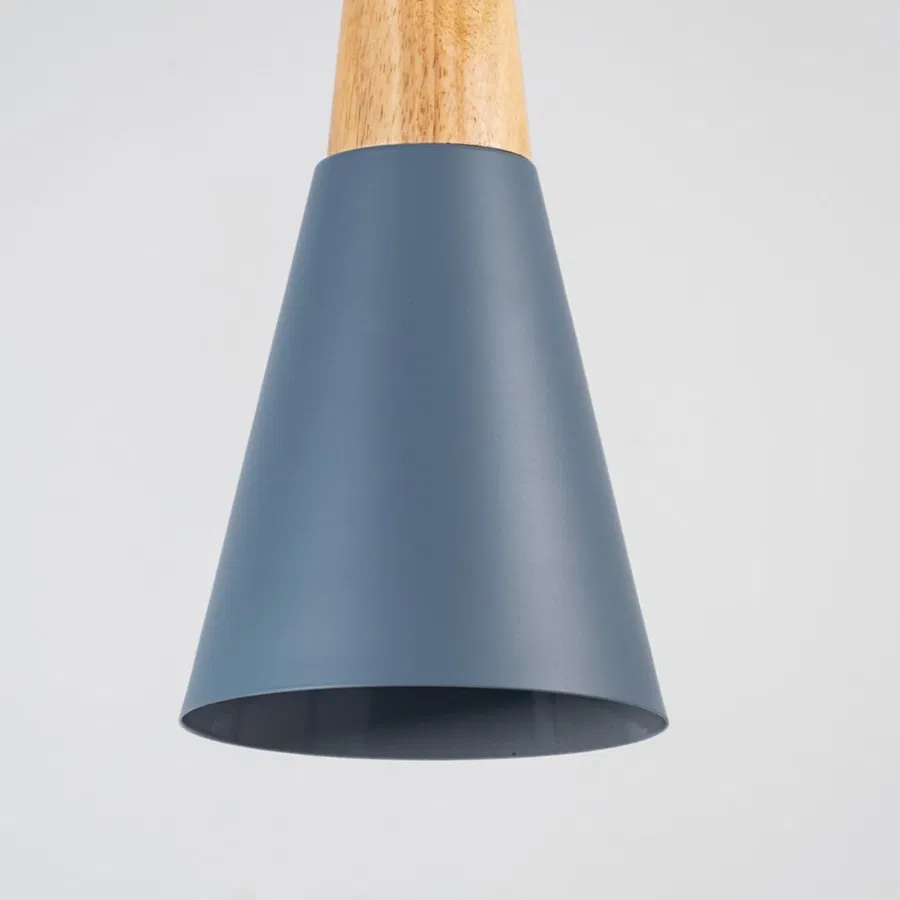 Blue metal pendant light with natural wood detailing showcasing sleek cone shape and modern Scandinavian style.
