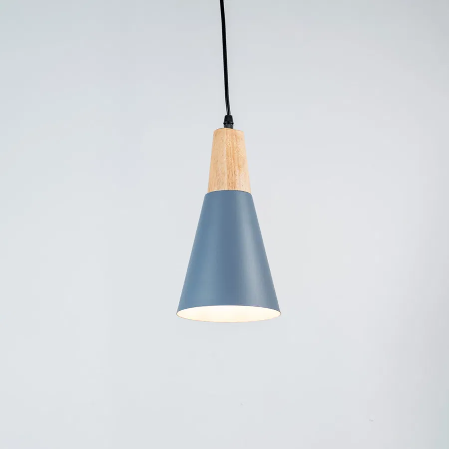 Blue metal pendant light with natural wood accents and minimalist cone design for contemporary ceiling lighting decor.