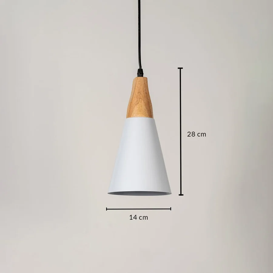 White metal pendant light measuring 14 cm width and 28 cm height crafted for modern ceiling lighting decor.