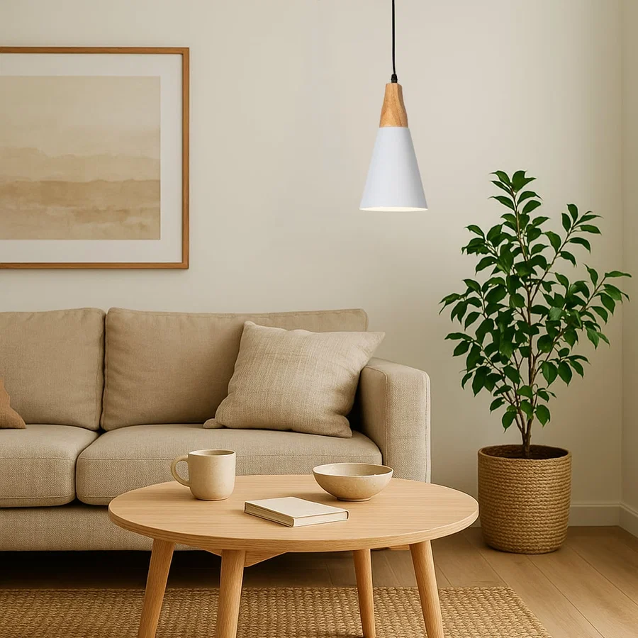 White metal pendant light above coffee table adding Scandinavian elegance and warm ambient lighting to modern interiors.