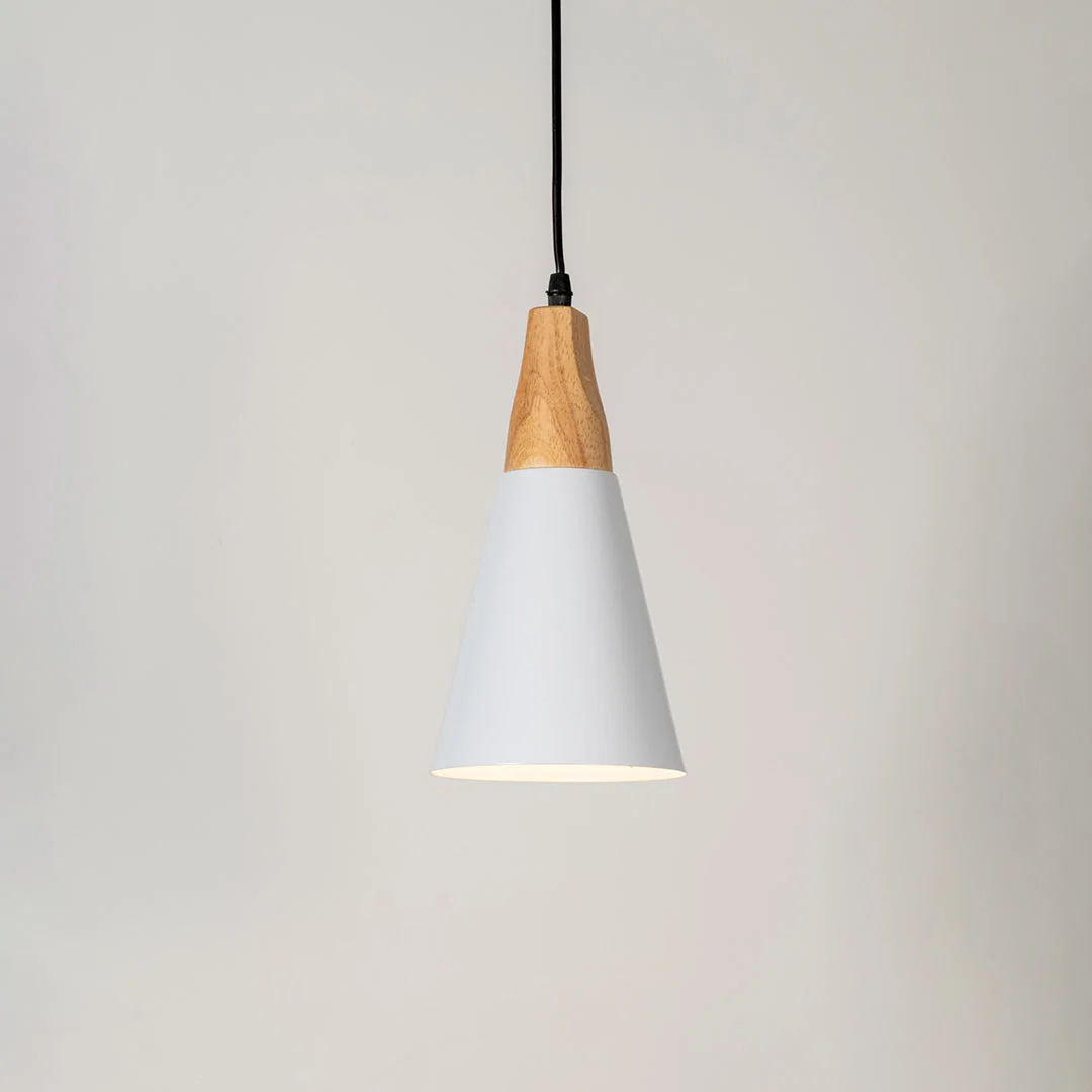 White metal pendant light with natural wood accents and minimalist cone design for contemporary ceiling lighting decor.