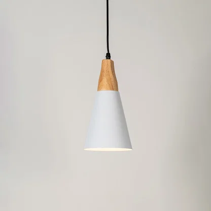 White metal pendant light with natural wood accents and minimalist cone design for contemporary ceiling lighting decor.