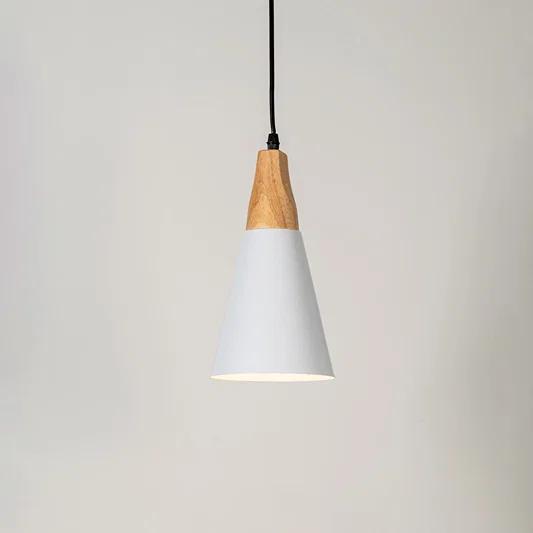 White metal pendant light with natural wood accents and minimalist cone design for contemporary ceiling lighting decor.