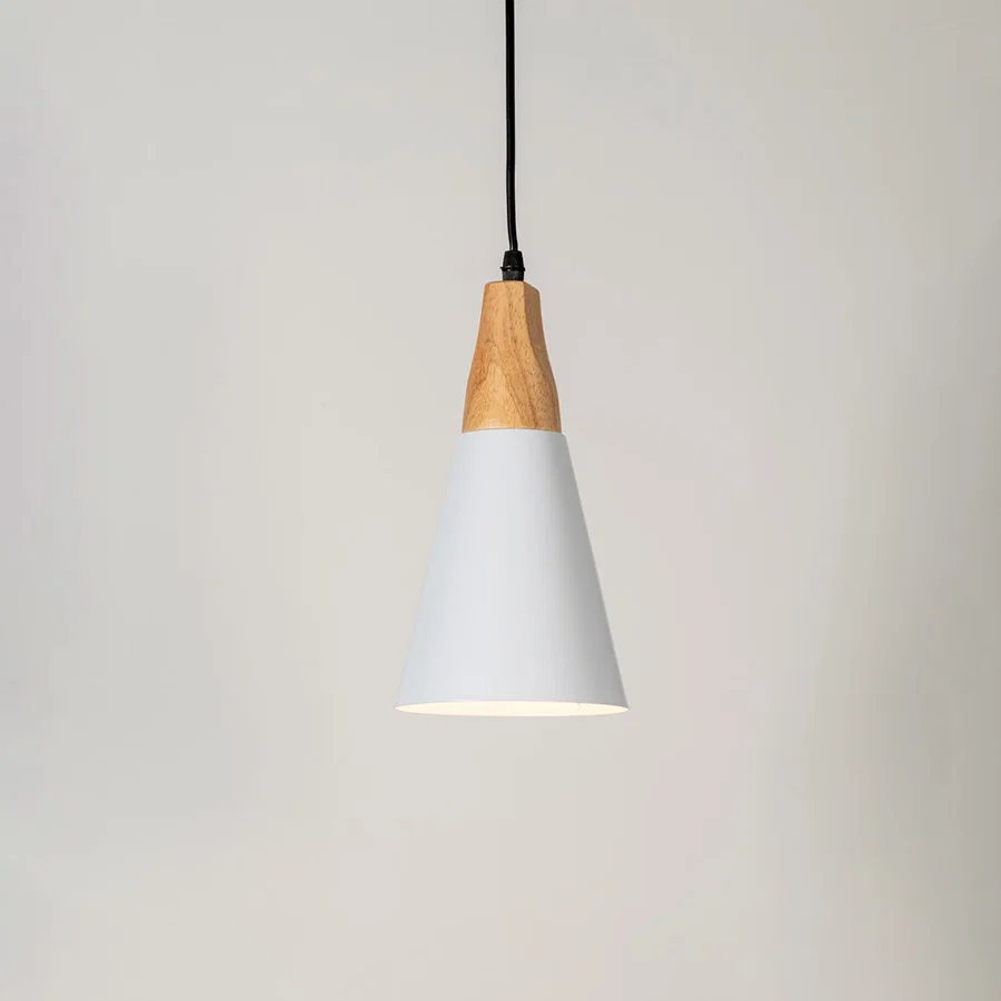 White metal pendant light with natural wood accents and minimalist cone design for contemporary ceiling lighting decor.