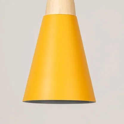 Yellow metal pendant light with natural wood detailing showcasing sleek cone shape and modern Scandinavian style.