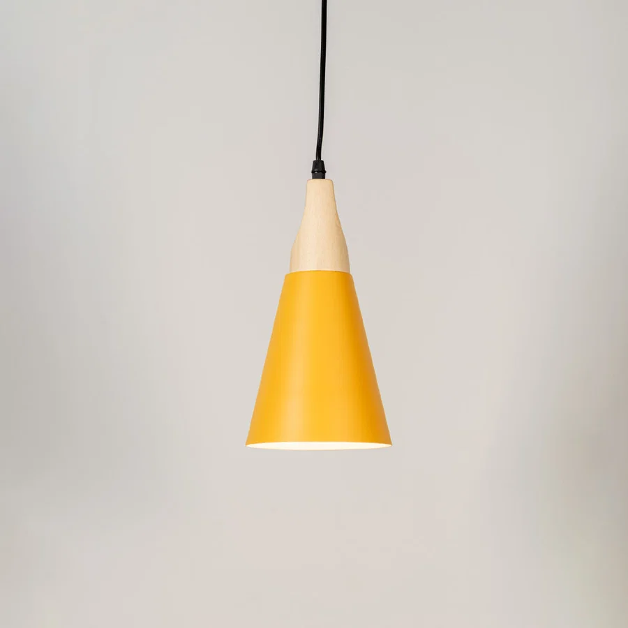 Yellow metal pendant light with natural wood accents and minimalist cone design for contemporary ceiling lighting decor.