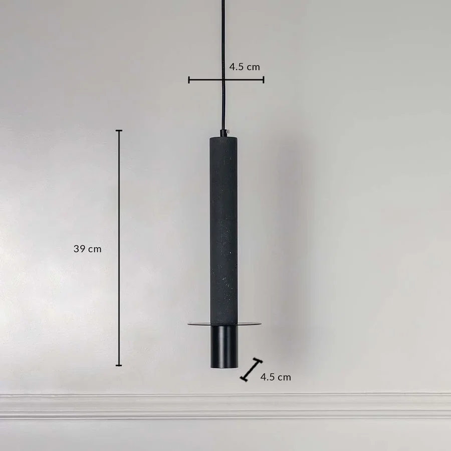 Dimension image of black concrete pendant light with brass base showing 29 cm height and 4.5 cm width.