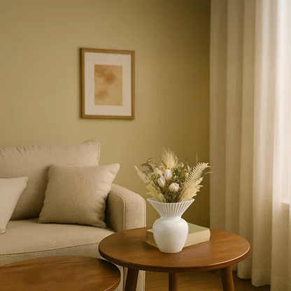 Modern white ceramic vase with pleated design styled with dried floral arrangement on wooden coffee table enhancing the elegant living room decor.