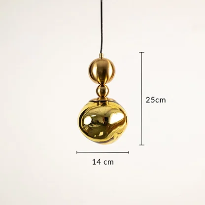 Gold metal globe pendant light dimension image with 14 cm width and 25 cm height for modern bedside placement.