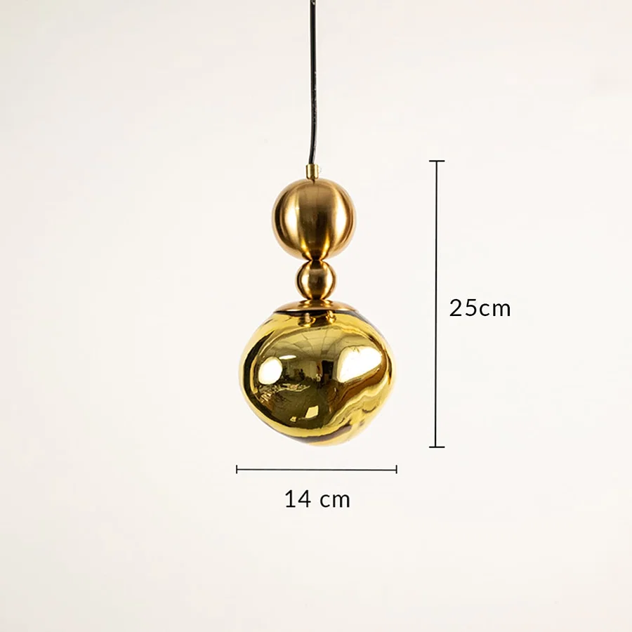 Gold metal globe pendant light dimension image with 14 cm width and 25 cm height for modern bedside placement.