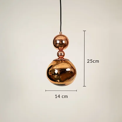 Copper finish metal globe pendant light dimension image with 14 cm width and 25 cm height for modern bedside placement.