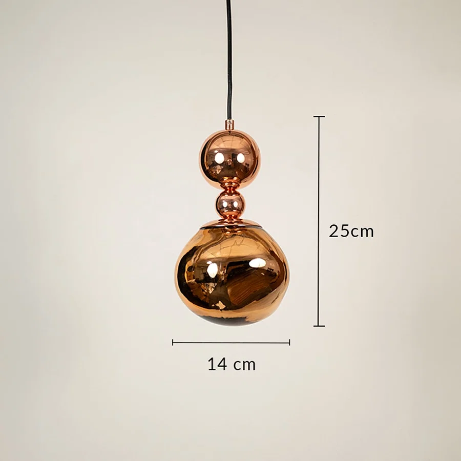 Copper finish metal globe pendant light dimension image with 14 cm width and 25 cm height for modern bedside placement.