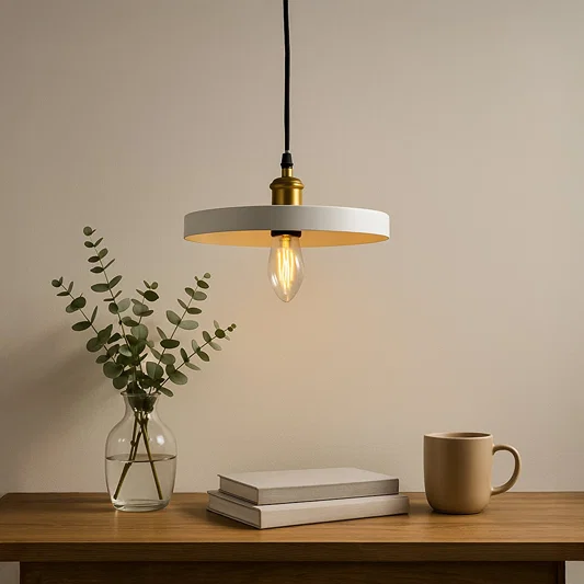 Black metal pendant light above wooden table adding modern elegance and warm ambiance.