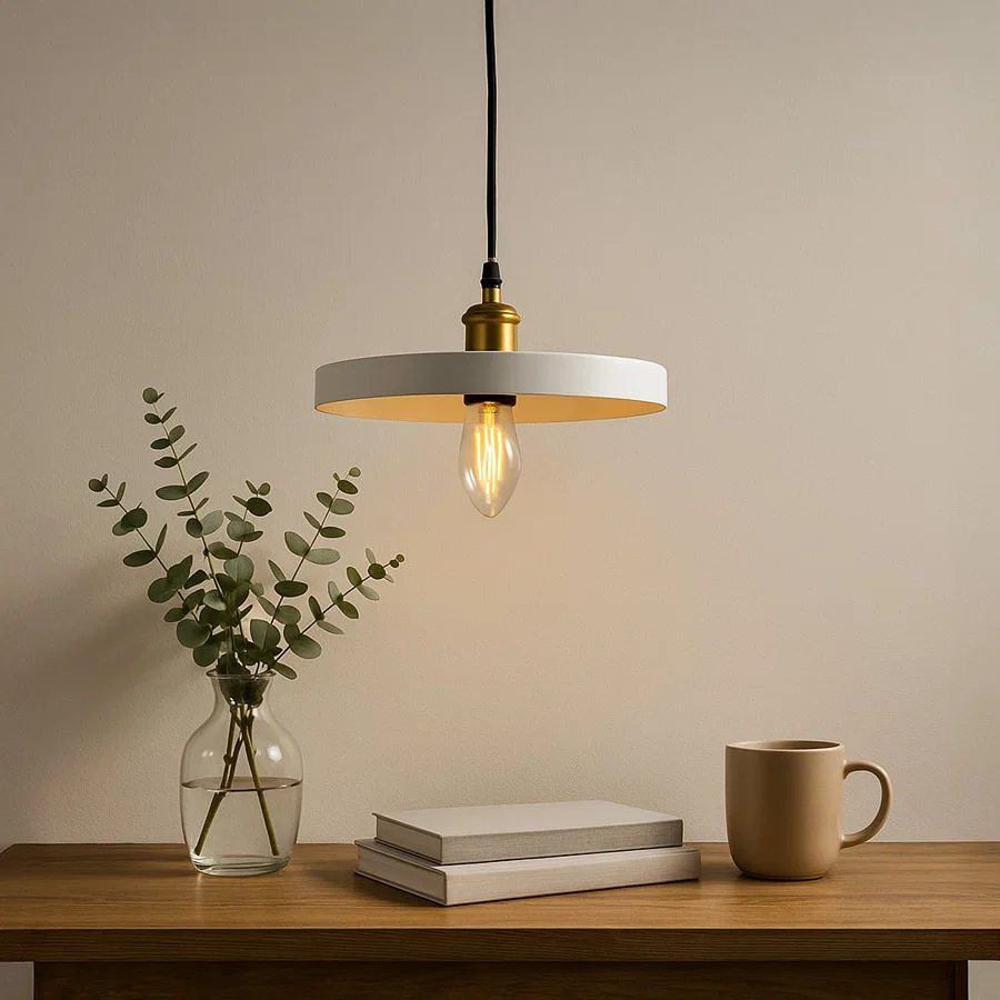 Black metal pendant light above wooden table adding modern elegance and warm ambiance.