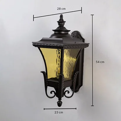 Bronze exterior wall light dimension image showing 28cm by 54cm by 23cm measurements for correct patio installation.