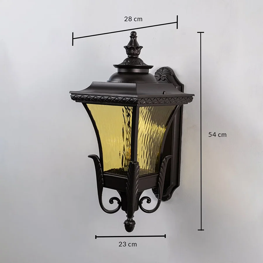 Bronze exterior wall light dimension image showing 28cm by 54cm by 23cm measurements for correct patio installation.