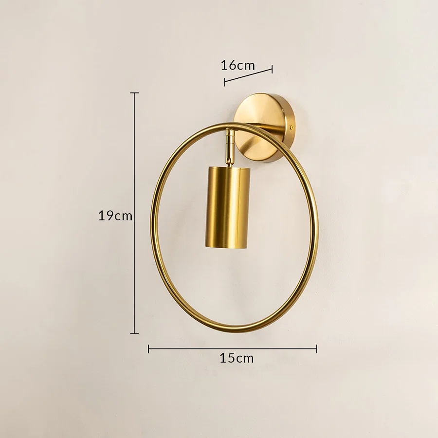 Gold ring wall sconce shown with 19 cm height 15 cm width and 16 cm depth highlighting its compact circular modern lighting design for stylish interior decor.