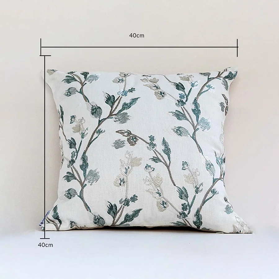 Botanical print cushion cover in teal shades presented with dimension markers confirming its 40 cm x 40 cm size helping users make correct home décor choices.