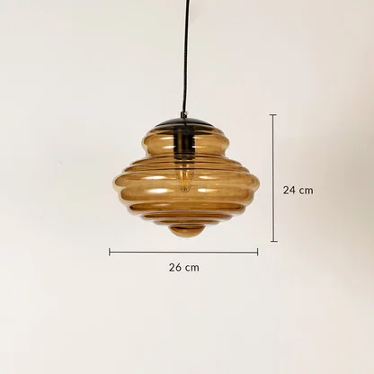 Amber ribbed glass pendant light measuring 24 cm height and 26 cm width for elegant modern ceiling lighting.