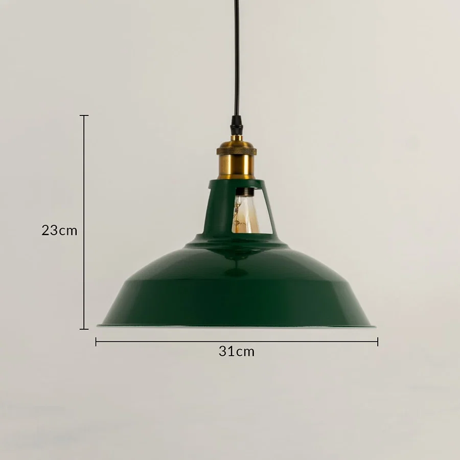 Dimension image of green metal pendant light with brass accents showing 23 cm height and 31 cm width for kitchens.