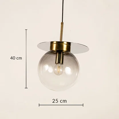 Smoked glass pendant light with metal finish measuring 40 cm height and 25 cm width for modern indoor ceiling decor.