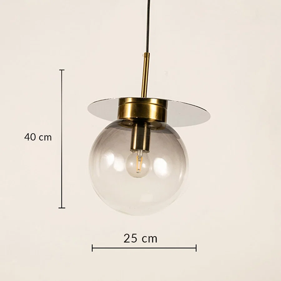 Smoked glass pendant light with metal finish measuring 40 cm height and 25 cm width for modern indoor ceiling decor.
