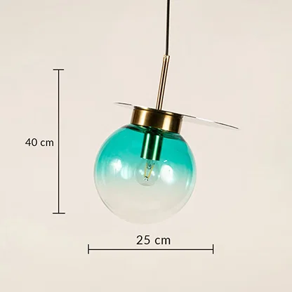 Blue glass globe pendant light measuring 25 cm width and 40 cm height crafted for sophisticated ceiling lighting decor.