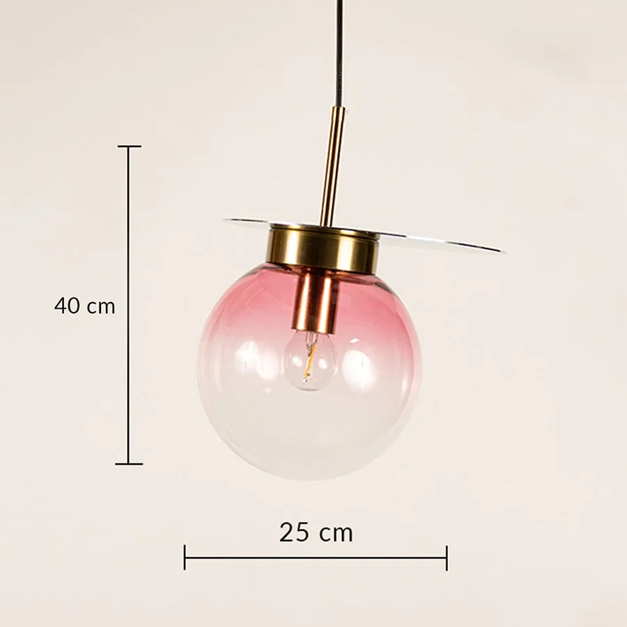 Pink smoked glass pendant light with metal finish measuring 40 cm height and 25 cm width for stylish indoor spaces.