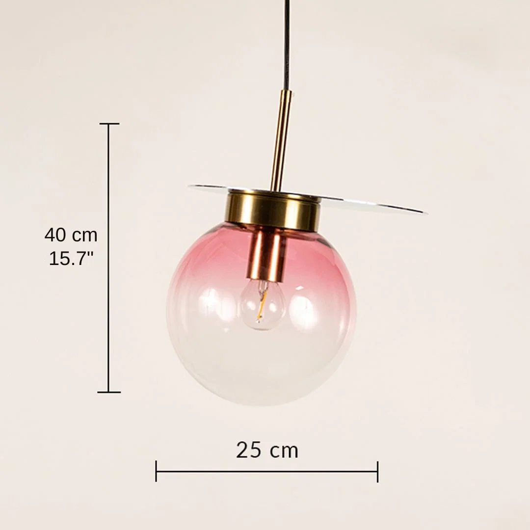 Pink smoked glass pendant light with metal finish, 35 x 25 x 25 cm (13.8 x 9.8 x 9.8 inches) dimensions