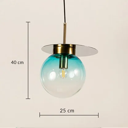 Blue glass globe pendant light measuring 25 cm width and 40 cm height crafted for sophisticated ceiling lighting decor.